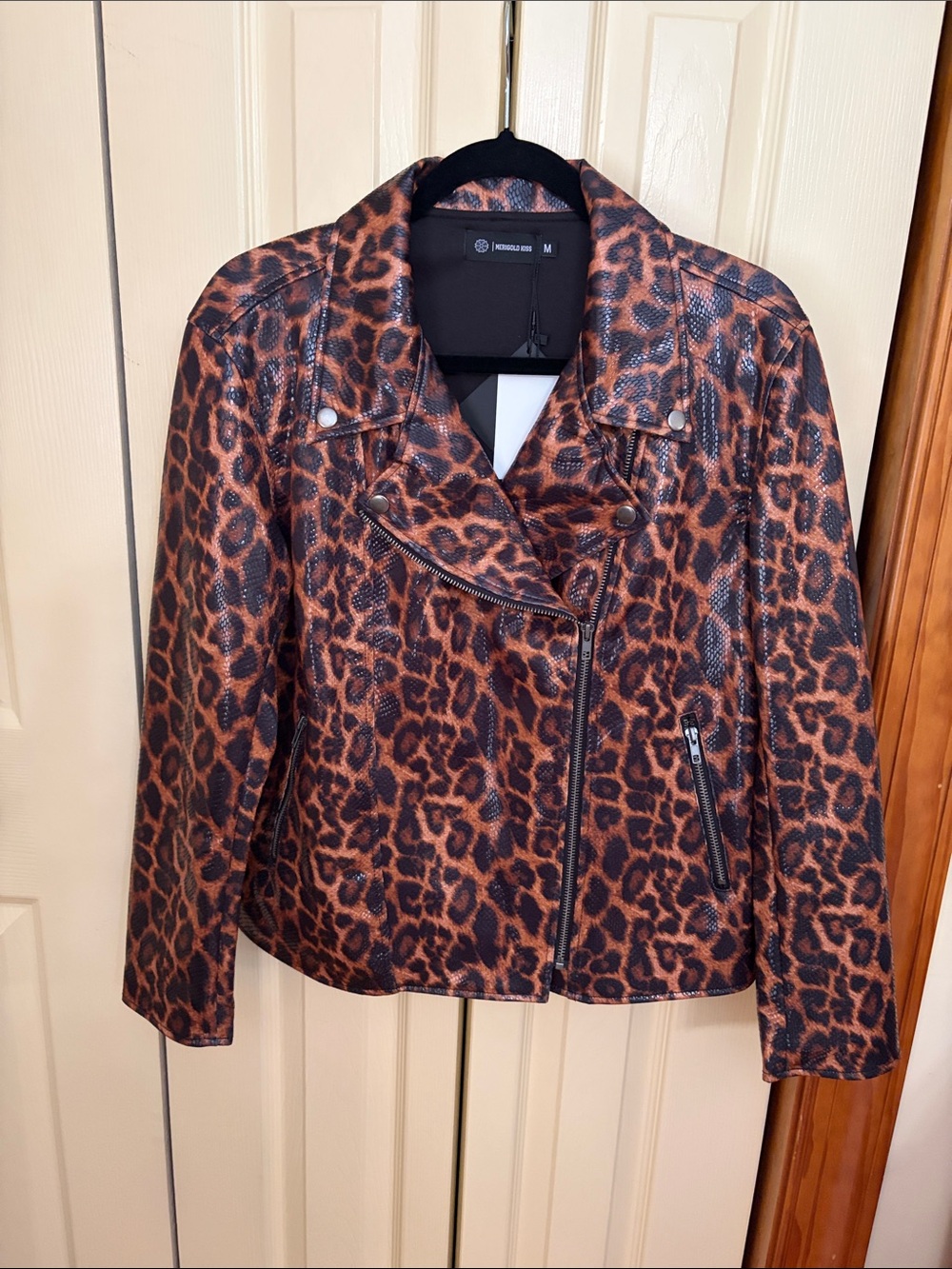 Leopard Print Faux Leather Moto Jacket - Brown